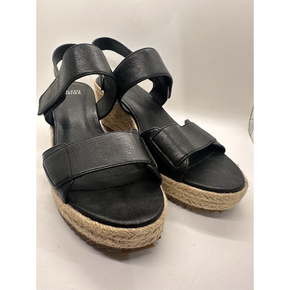 Eileen Fisher Winnie Black Leather Espadrille Wedge Platform Sandals Size 9